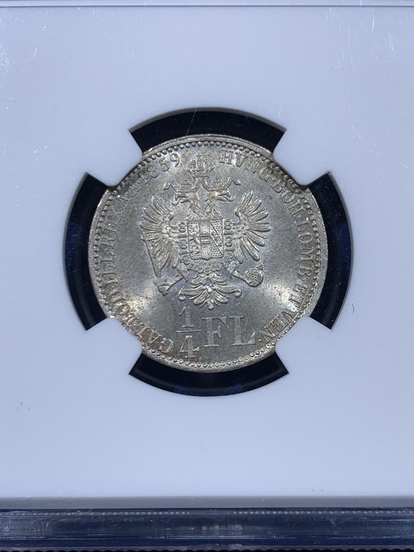 《竞宝斋》第450场 周日，周一，周二  3场连拍 （全场包邮，欢迎送拍） NGC MS64 奥地利1859年1/4弗罗林银币 完整漂亮的原光淡黄包浆 64也很不容易达到了 弗朗茨约瑟夫改用弗罗林币制初期 第三版年轻头像 双头鹰纹章哈布斯堡-奥地利-洛林盾徽
