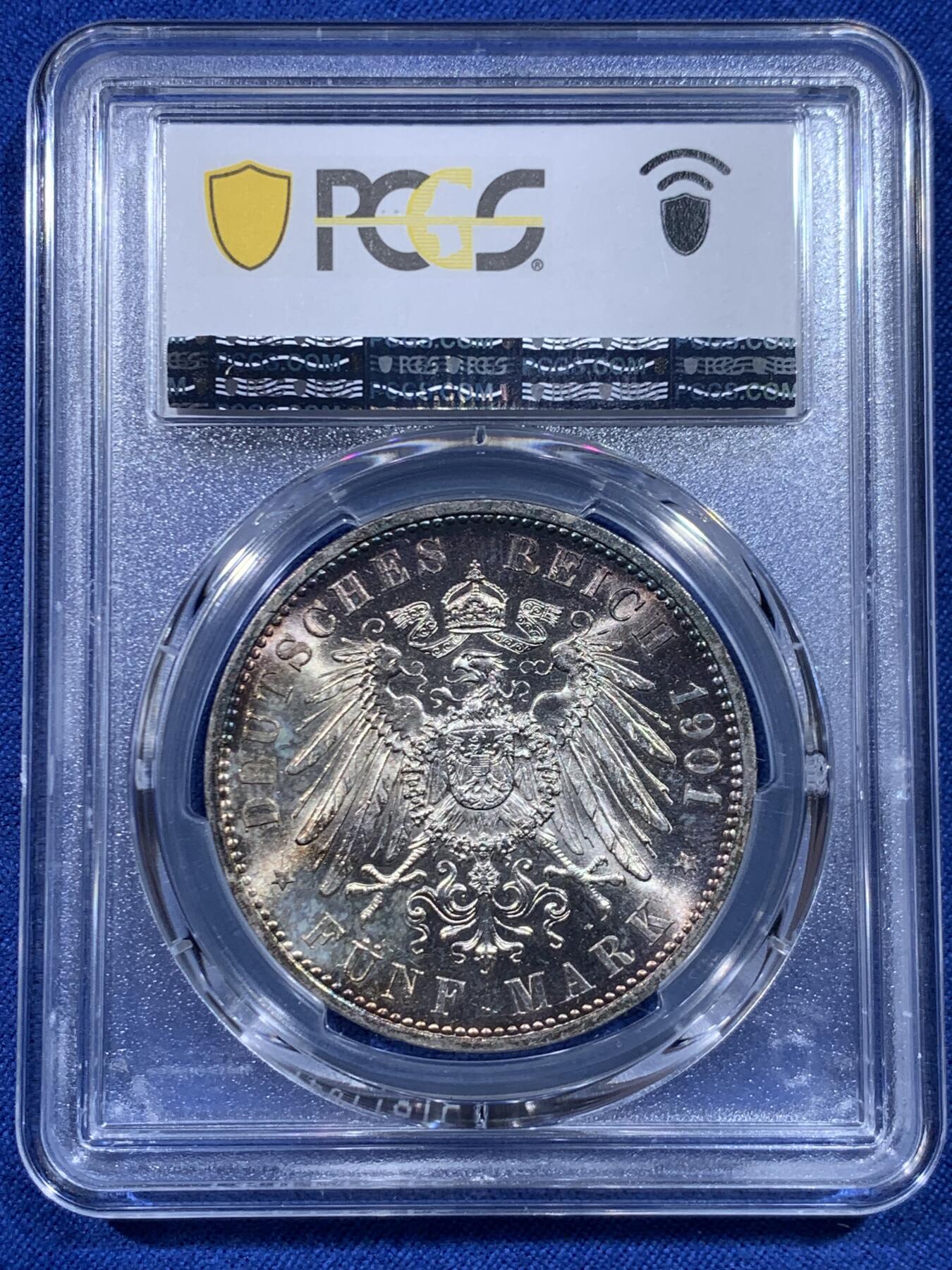 《竞宝斋》第450场 周日，周一，周二  3场连拍 （全场包邮，欢迎送拍） PCGS MS63 德国1901年普鲁士建国200周年纪念5马克大银币 边缘包浆 性价比