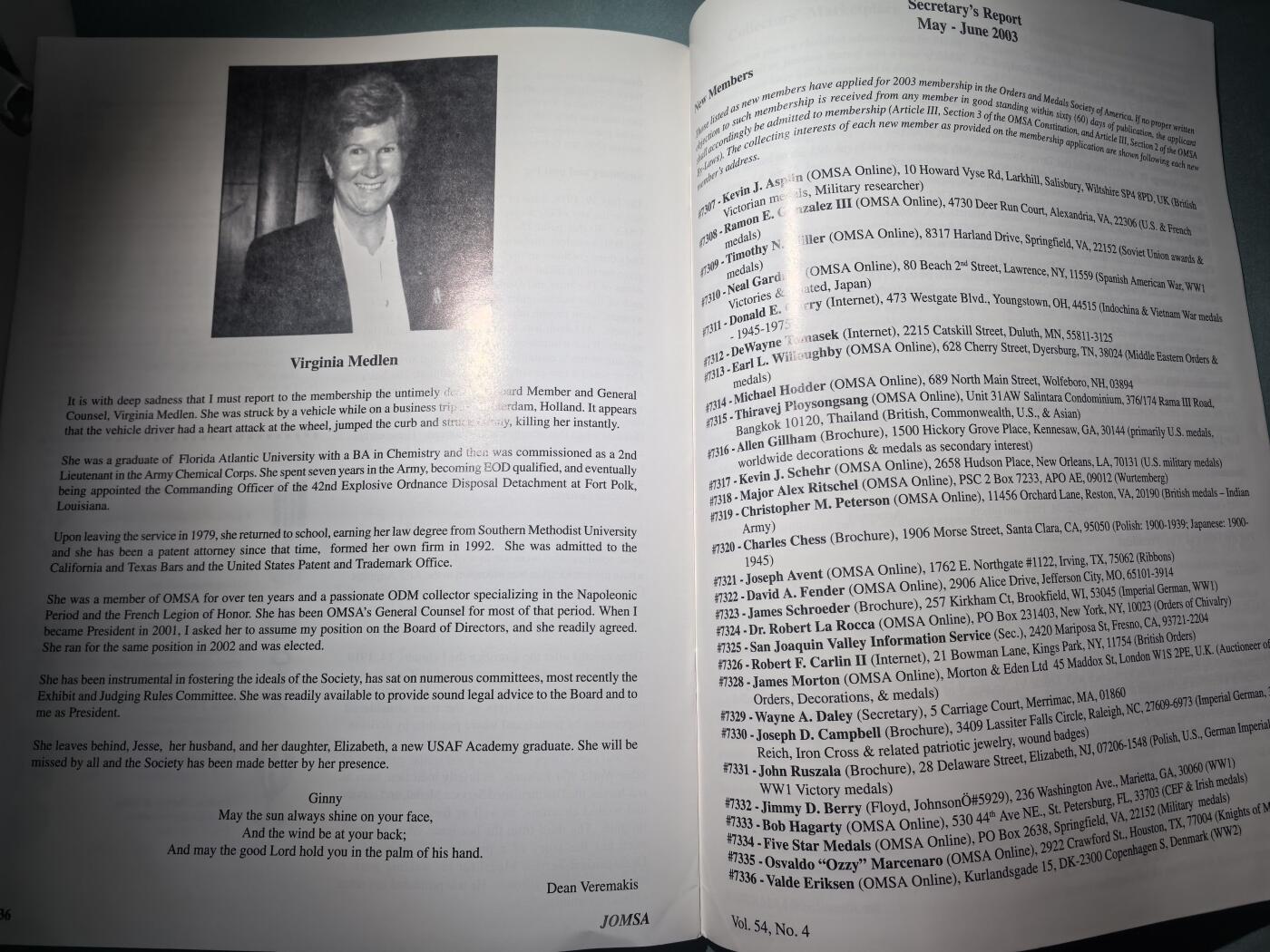 盛世勋华——号角文化勋章邮票专场拍卖第295期 美国勋章学会会刊 第54卷第4期 2003年7/8月刊 44页