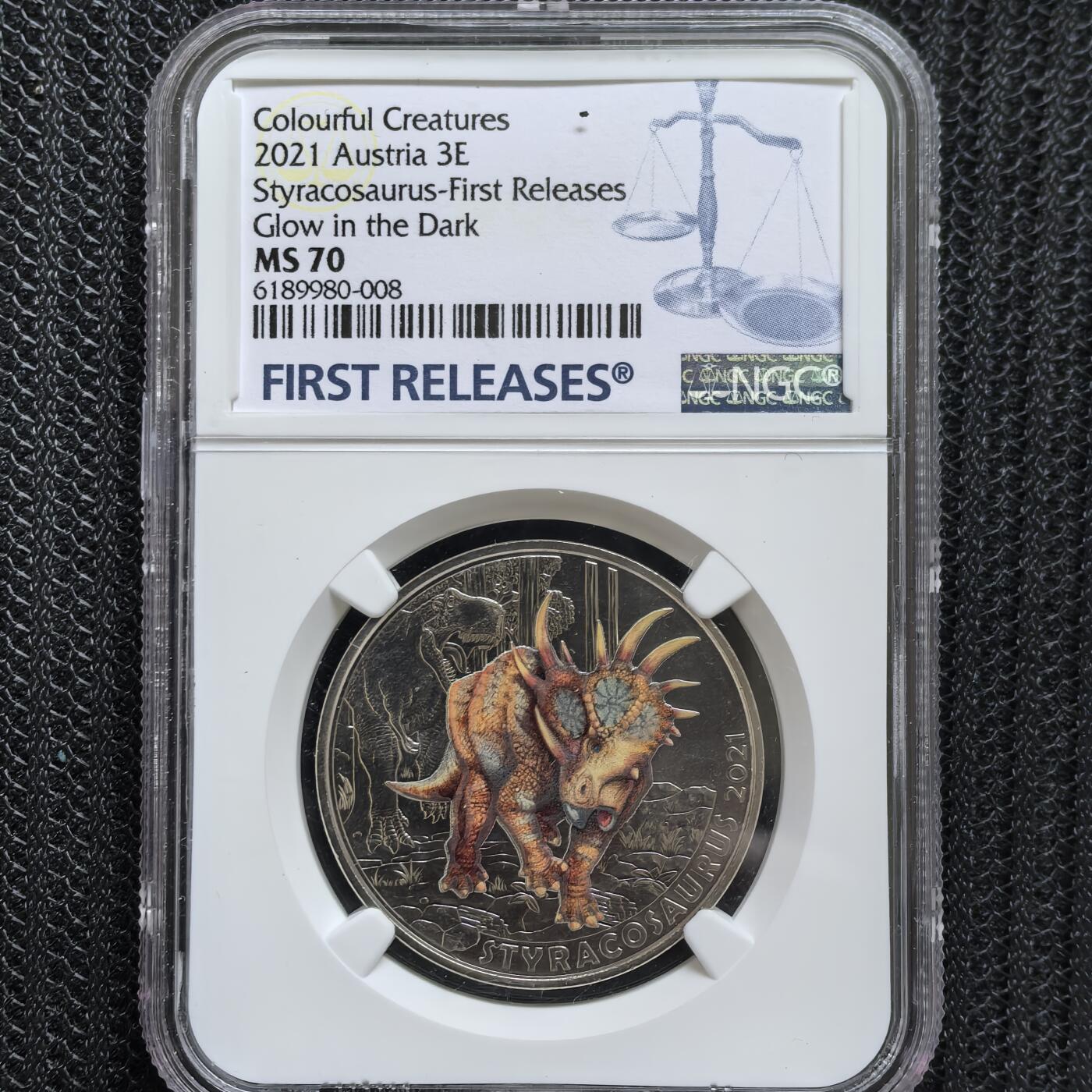 道一币馆币章第一百六十场 NGC 满分MS70 奥地利2021年恐龙系列亚伯达戟龙夜光彩色铜镍3欧元纪念币