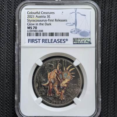 道一币馆币章第一百六十场 - NGC 满分MS70 奥地利2021年恐龙系列亚伯达戟龙夜光彩色铜镍3欧元纪念币