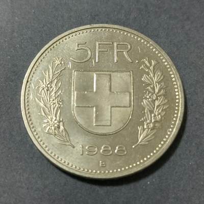 【游宝包邮场】蛇年第101期 世界各国纪念币 - 瑞士-5法郎 1988年