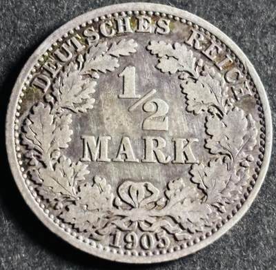 文馨钱币收藏第 286 场，圣诞节专场【 长期接收代拍品低至 0 佣金】 - 好品 1905 年德意志帝国 1/2 马克银币 A 厂 900 高银，首发版，柏林造