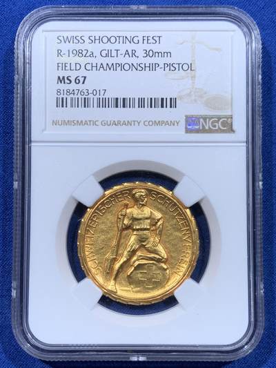 《竞宝斋》第450场 周日，周一，周二  3场连拍 （全场包邮，欢迎送拍） - NGC MS67 瑞士1920-30年射击节镀金纪念银章 少见高分