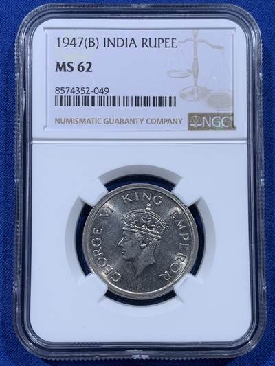 《竞宝斋》第450场 周日，周一，周二  3场连拍 （全场包邮，欢迎送拍） - NGC MS62 英属印度1947年1卢比