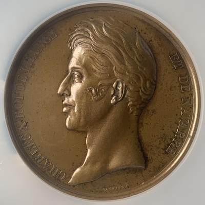 掌中浮雕-藏着的欧洲第047场 - NGC MS62 : 1829年法国众议院议会大厅重建奠基纪念铜章，正面为法国国王查理十世，51mm