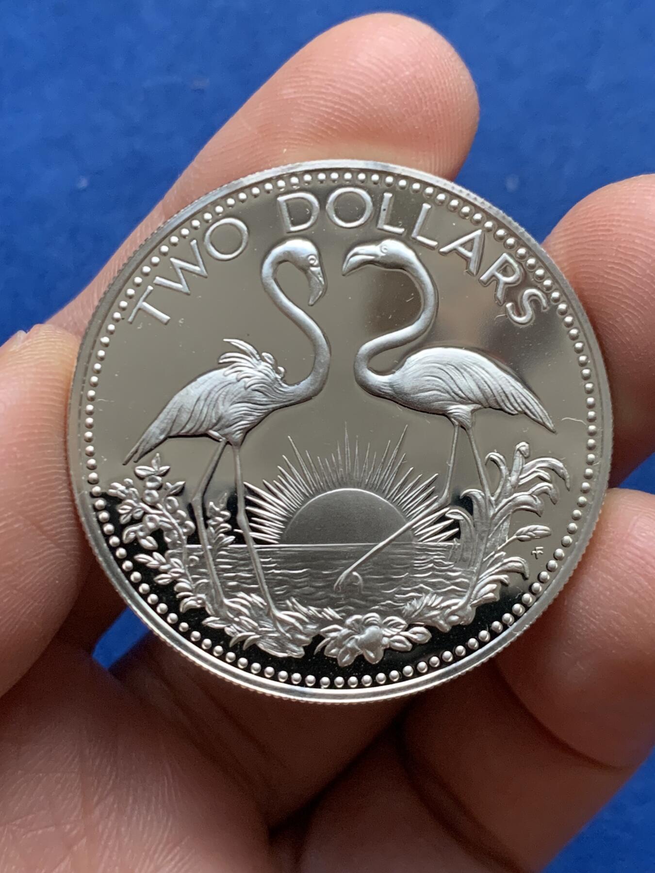 《竞宝斋》第450场 周日，周一，周二  3场连拍 （全场包邮，欢迎送拍） 巴哈马1974年精制2元银币（30.3克，925银）经典现代银币品种，设计精美