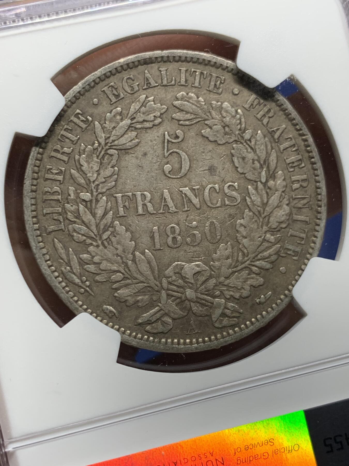 《竞宝斋》第450场 周日，周一，周二  3场连拍 （全场包邮，欢迎送拍） NGC XF40 法国1850年谷物女神5法郎银币