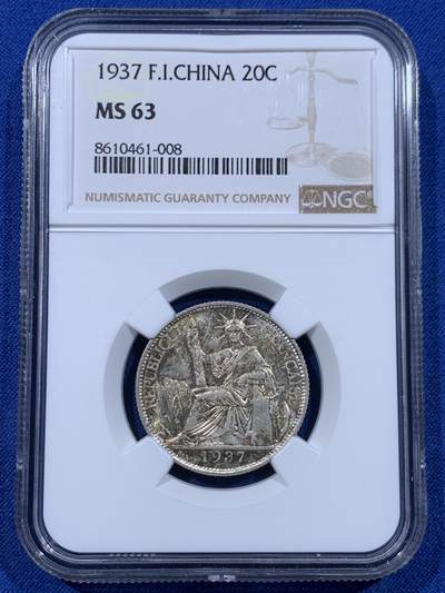 《竞宝斋》第450场 周日，周一，周二  3场连拍 （全场包邮，欢迎送拍） - NGC MS63 法属印支1937年二十分银币，带漂亮的包浆，经典品种