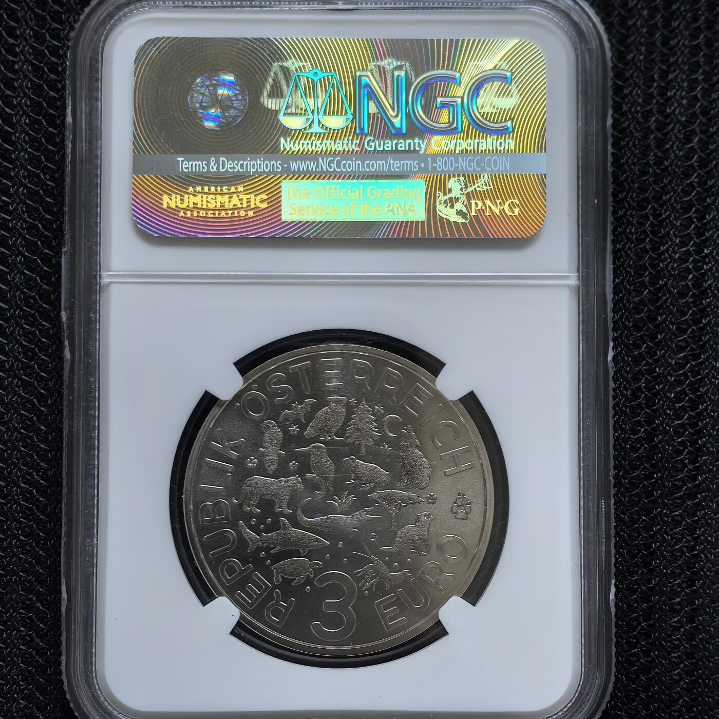 道一币馆币章第一百六十场 NGC 满分MS70 奥地利2018年多彩生物系列鹦鹉夜光彩色铜镍3欧元纪念币