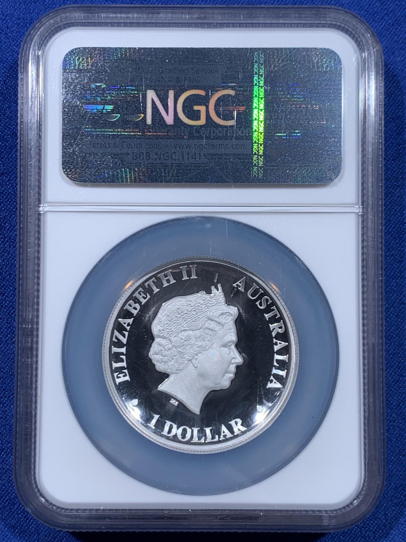 《竞宝斋》第450场 周日，周一，周二  3场连拍 （全场包邮，欢迎送拍） NGC PF70UC 澳大利亚2016年笑翠鸟1盎司加厚银币，顶级工艺，极美品相，澳洲特殊标签，特别加厚盒。