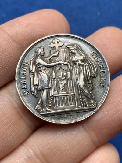 《竞宝斋》第450场 周日，周一，周二  3场连拍 （全场包邮，欢迎送拍） - 法国银质婚章 11.65克 30.2mm 蜜蜂银标