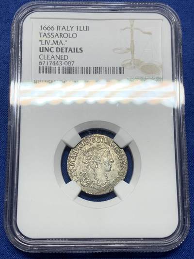 《竞宝斋》第450场 周日，周一，周二  3场连拍 （全场包邮，欢迎送拍） - NGC UNCD 意大利 塔萨罗洛公国 1666年 1LUI 银币 近400年前的银币 打制一流 包浆非常漂亮 少见品种