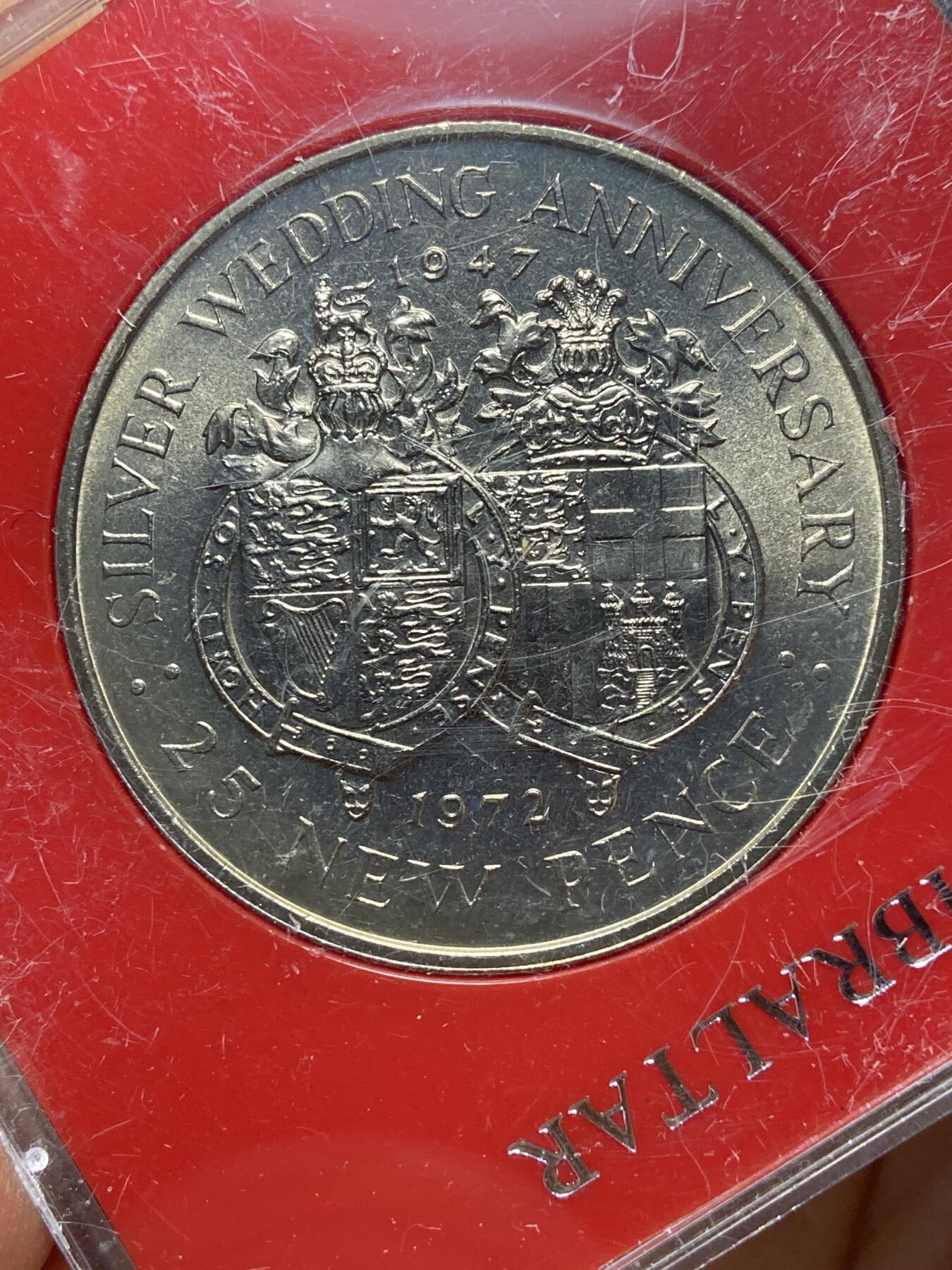 2025年第一百四十五场(总第一百七十一场）高品质英国一线回流散币年末特拍场第二场(免佣金) 英属直布罗陀🇬🇮1972年25新便士(伊丽莎白二世和菲利普亲王25周年银婚纪念币)