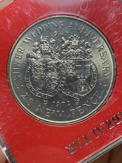 2025年第一百四十二场(总第一百六十八场）高品质英国一线回流散币年末特拍场第二场(免佣金) 英属直布罗陀🇬🇮1972年25新便士(伊丽莎白二世和菲利普亲王25周年银婚纪念币)