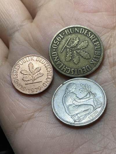 2025年第一百四十二场(总第一百六十八场）高品质英国一线回流散币年末特拍场第二场(免佣金) 德国🇩🇪F标斯图加特厂3枚：1974年50芬尼，1979年1芬尼，1950年10芬尼