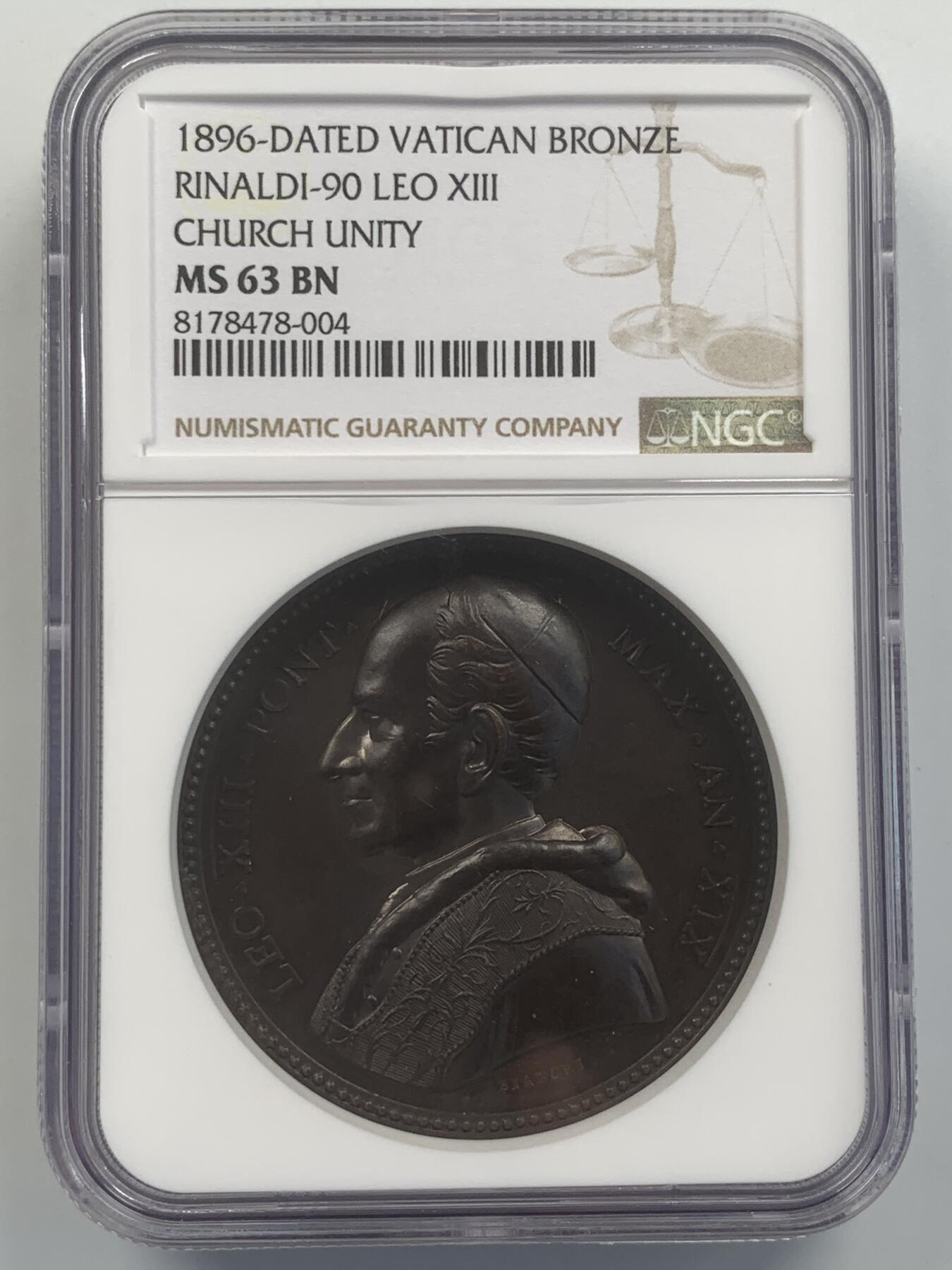 掌中浮雕-藏着的欧洲第047场 NGC MS63 : 1896年东西教派统一问题纪念铜章，正面为教皇利奥十三世，43mm