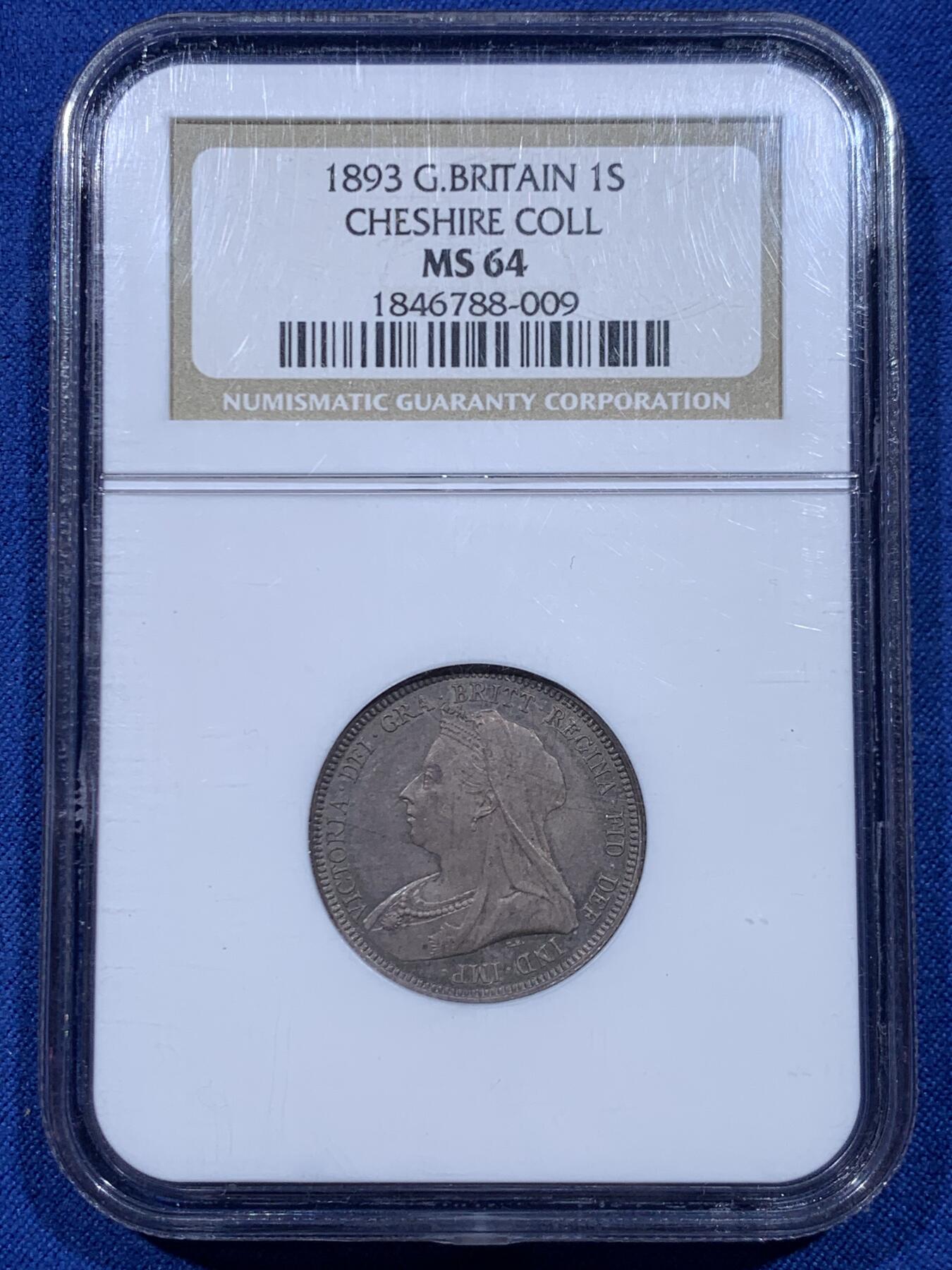 《竞宝斋》第450场 周日，周一，周二  3场连拍 （全场包邮，欢迎送拍） NGC MS64 英国 1893年 维多利亚披纱一先令 紫罗兰包浆 底板状态很好 很漂亮的小银币