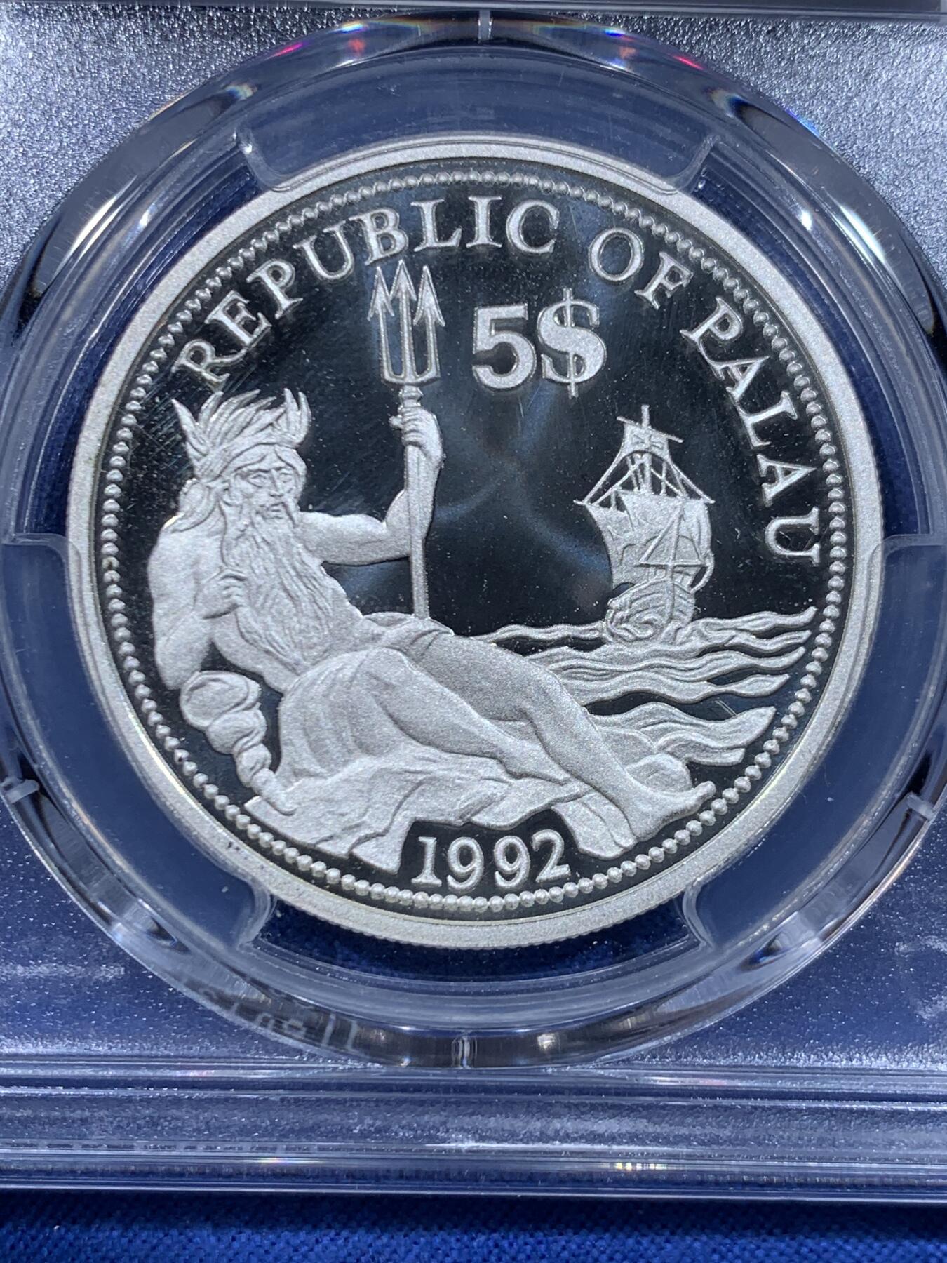 《竞宝斋》第450场 周日，周一，周二  3场连拍 （全场包邮，欢迎送拍） PCGS PR69DCAM 帕劳 1992年 海洋动物 5元 精制彩色银币 亚军分！