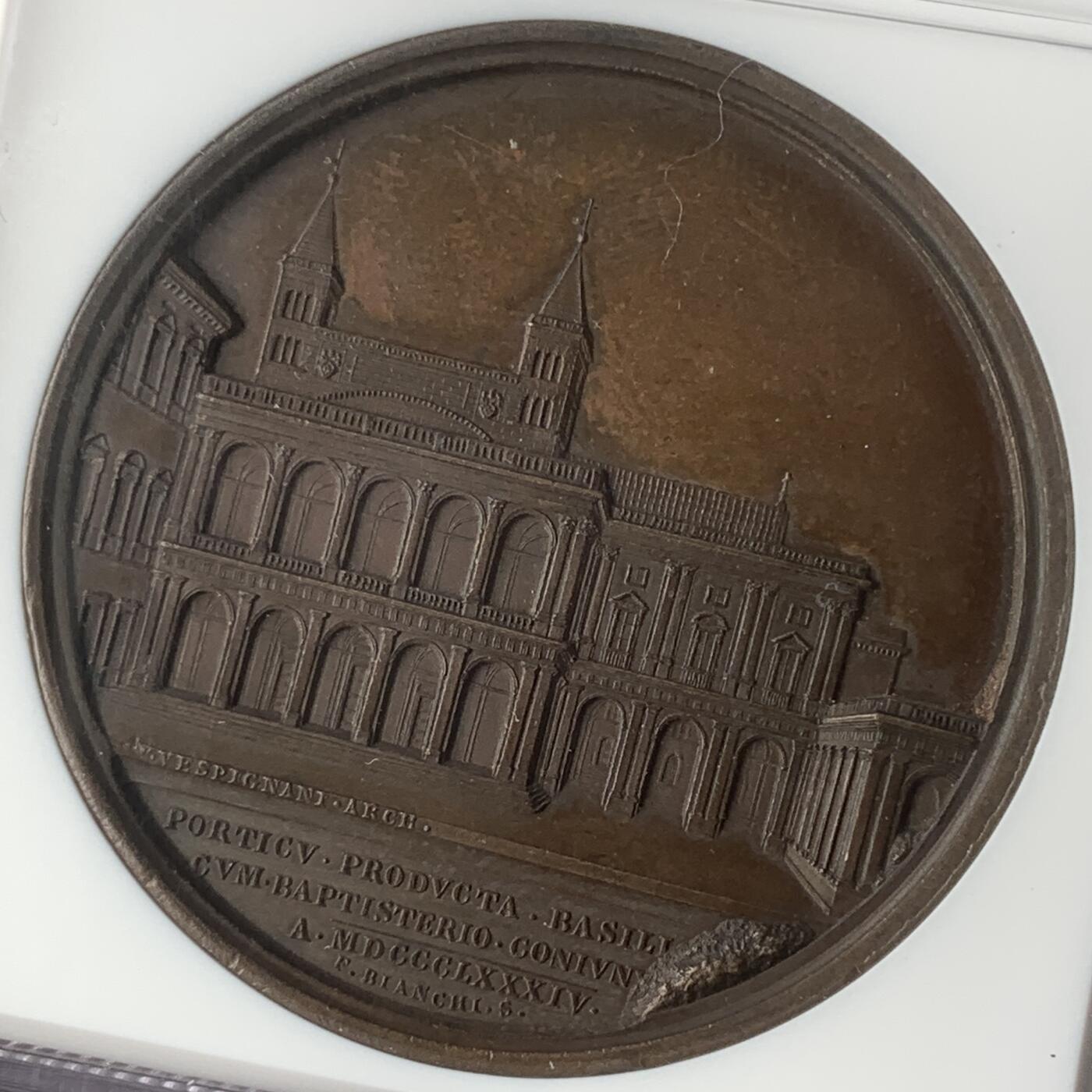 掌中浮雕-藏着的欧洲第047场 NGC MS63 : 1884年拉特朗圣若望大殿门廊扩建铜章，正面为教皇利奥十三世，43mm