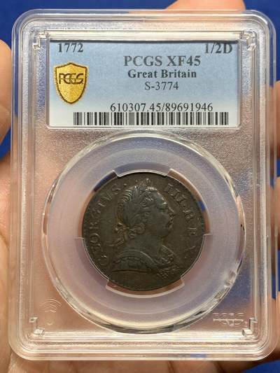 《竞宝斋》第450场 周日，周一，周二  3场连拍 （全场包邮，欢迎送拍） - PCGS XF45 英国 1772年 半便士铜币 细节尚佳