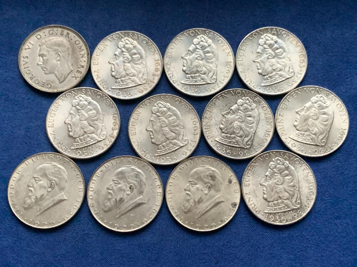 《竞宝斋》第450场 周日，周一，周二  3场连拍 （全场包邮，欢迎送拍） 12枚一组 奥地利萨沃伊王子尤金逝世200周年2先令银币 640银（8枚96克） + 奥地利1929年西奥多·比尔罗斯诞辰100周年2先令银币 640银（3枚36克）+ 英国1937年乔治六世2先令银币 500银（1枚11.3克）