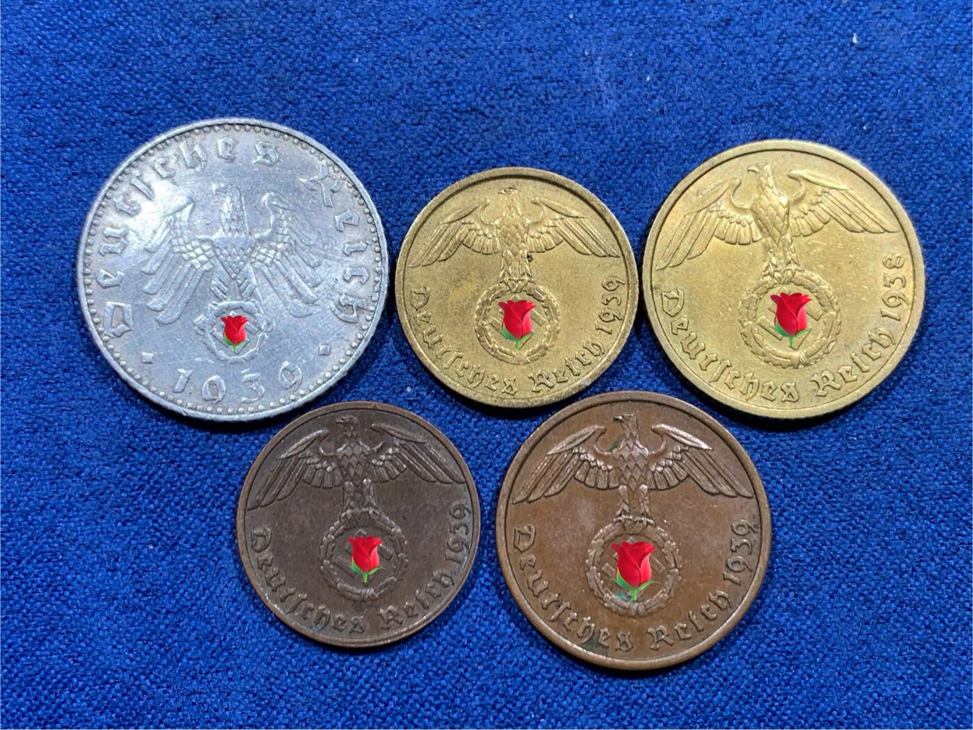 《竞宝斋》第450场 周日，周一，周二  3场连拍 （全场包邮，欢迎送拍） 五枚一组 德国1938-1939年芬尼各面值