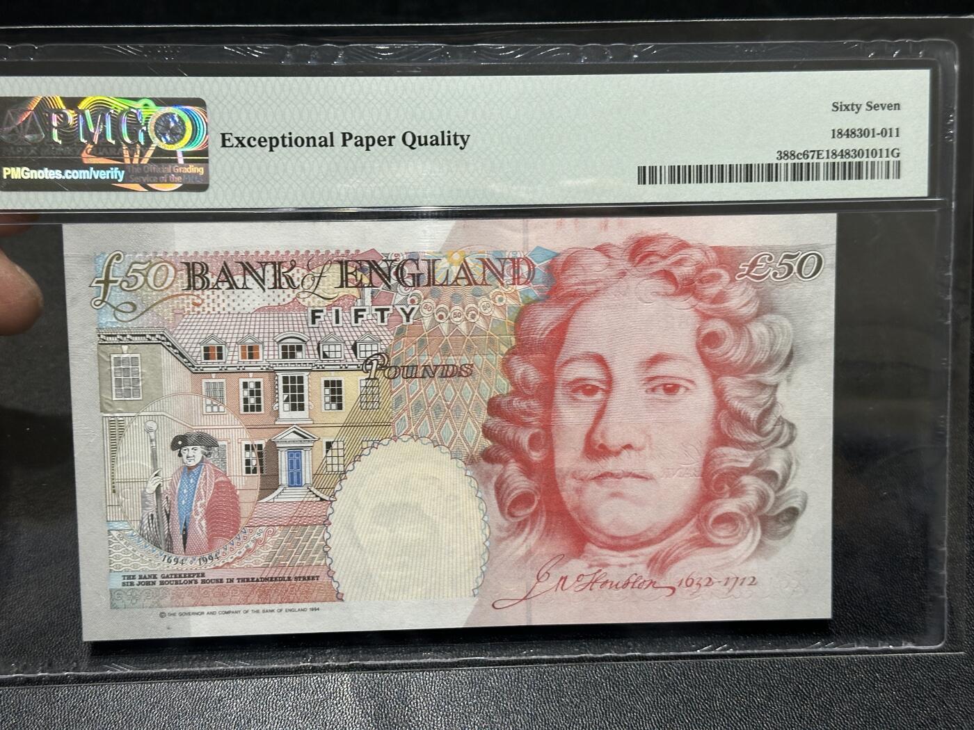 《外钞收藏家》第五百九十六期（精品大拍场）（本平台长期征集拍品、欢迎藏友们联系合作） 1994年英国E序列50镑 PMG67 无47