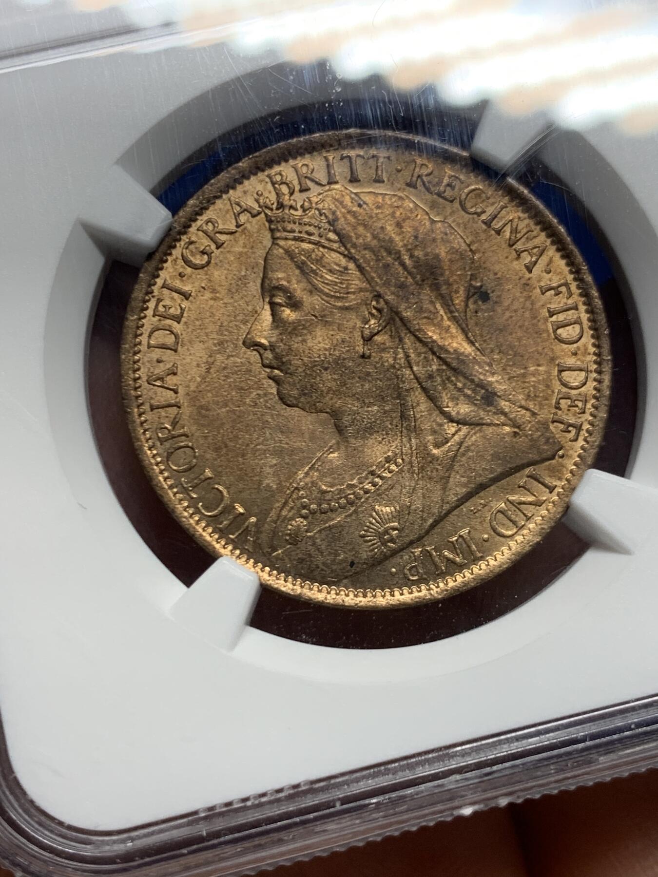 《竞宝斋》第450场 周日，周一，周二  3场连拍 （全场包邮，欢迎送拍） NGC MS63RB 英国1900年维多利亚1便士铜币