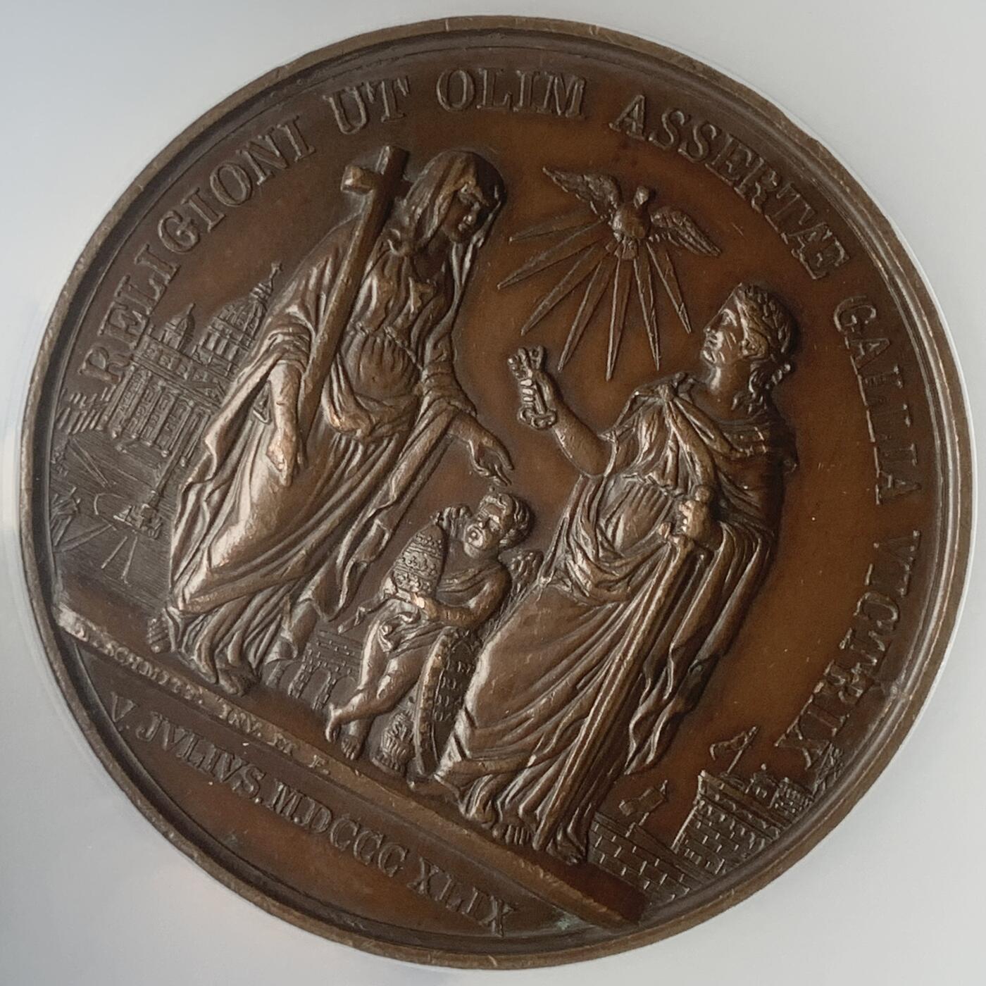 掌中浮雕-藏着的欧洲第047场 NGC AU58 : 1849年法军镇压罗马共和国起义铜章，正面头像为庇护九世，60mm