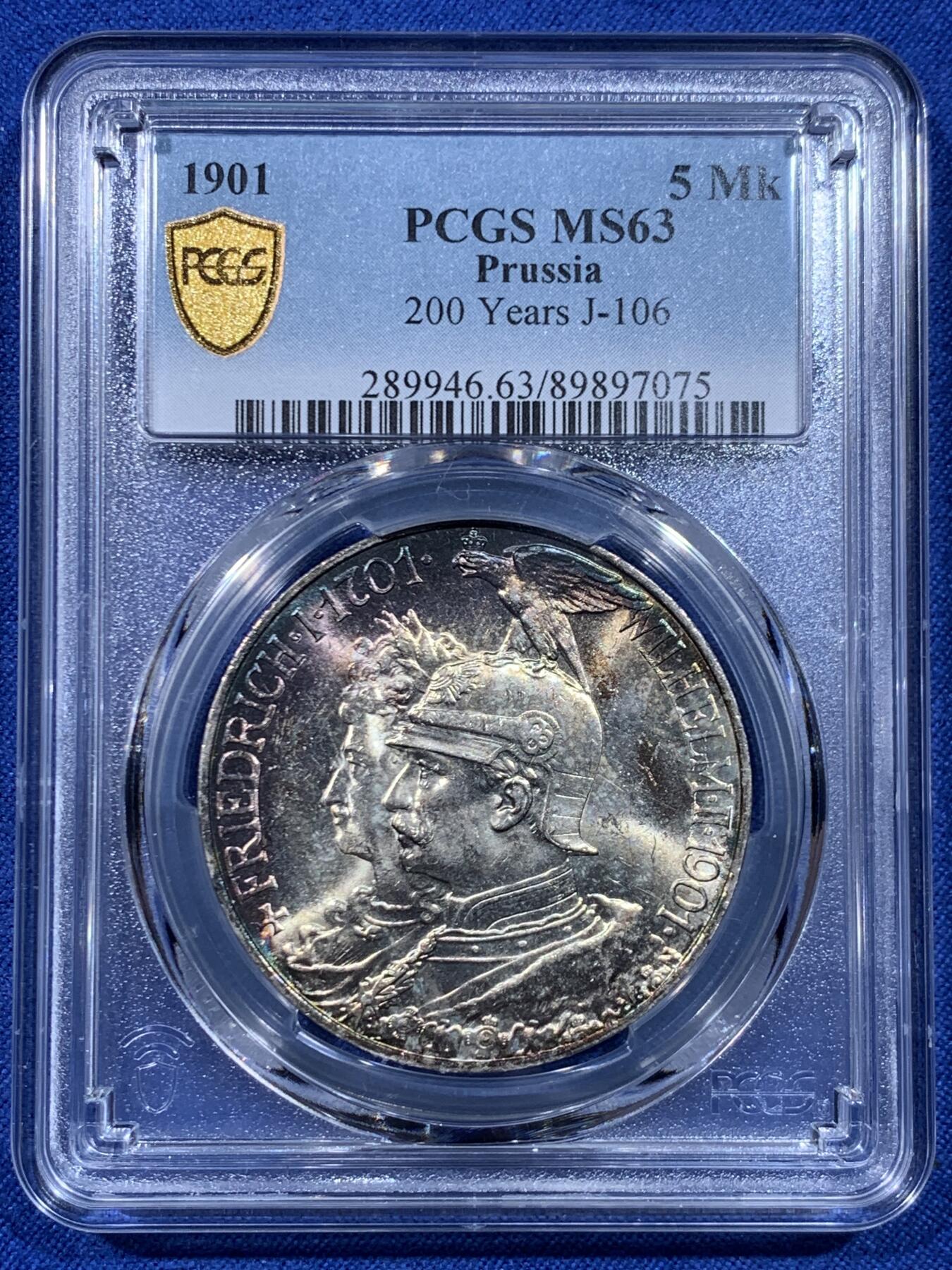 《竞宝斋》第450场 周日，周一，周二  3场连拍 （全场包邮，欢迎送拍） PCGS MS63 德国1901年普鲁士建国200周年纪念5马克大银币 边缘包浆 性价比