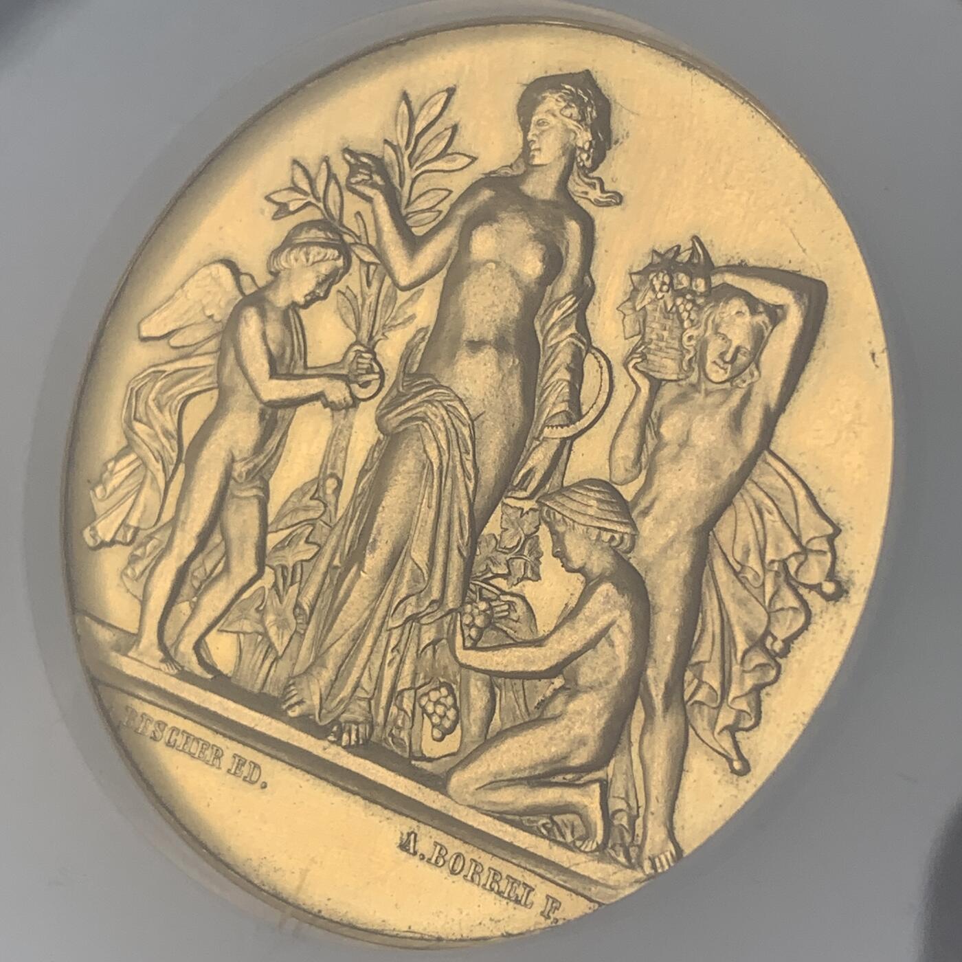 掌中浮雕-藏着的欧洲第047场 NGC MS62 :  法国科多尔园艺协会镀金铜章，51mm