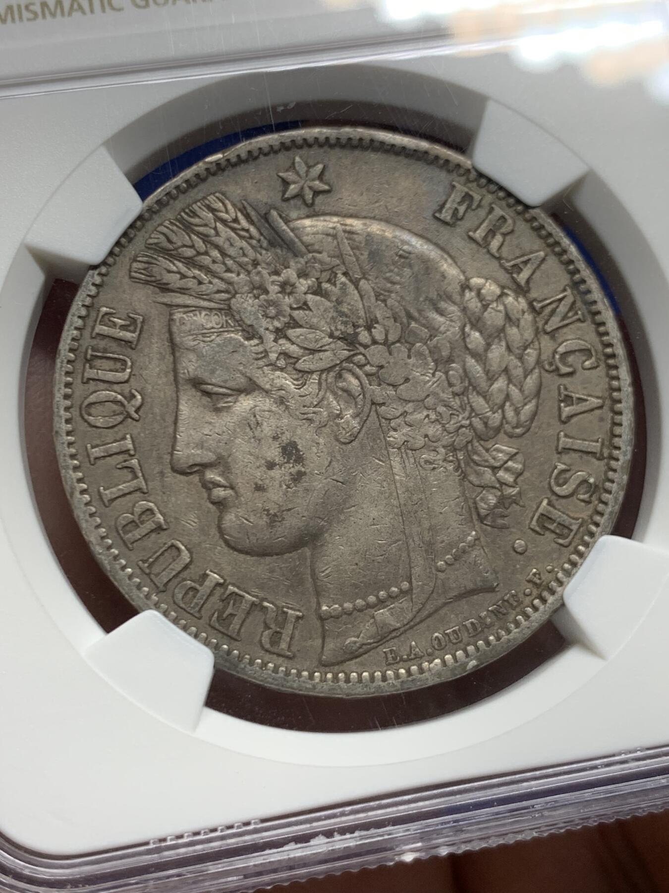 《竞宝斋》第450场 周日，周一，周二  3场连拍 （全场包邮，欢迎送拍） NGC XF40 法国1850年谷物女神5法郎银币