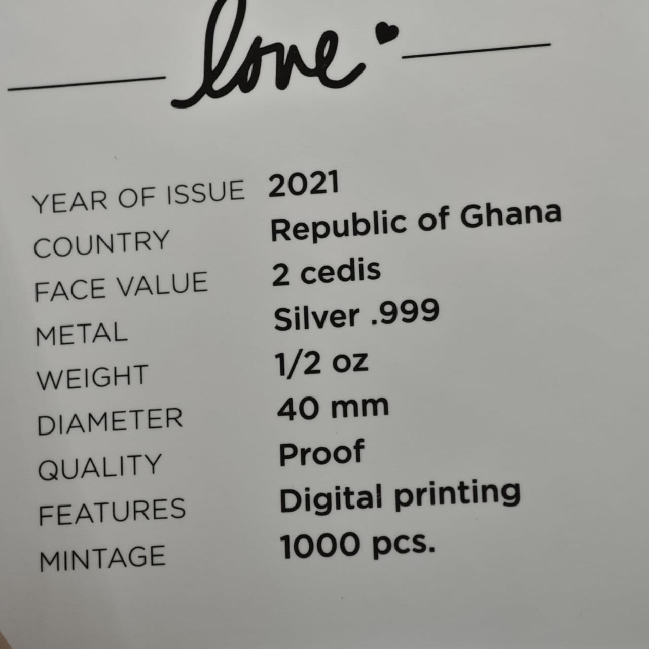 【淘币小摊】实时拍第八百三十六拍   银币套币场   满百包邮可预留二周 每周一统一发货   （少见）2021年加纳2赛地彩色精制银币 爱 1/2盎司999银 发行量：1千 盒证全