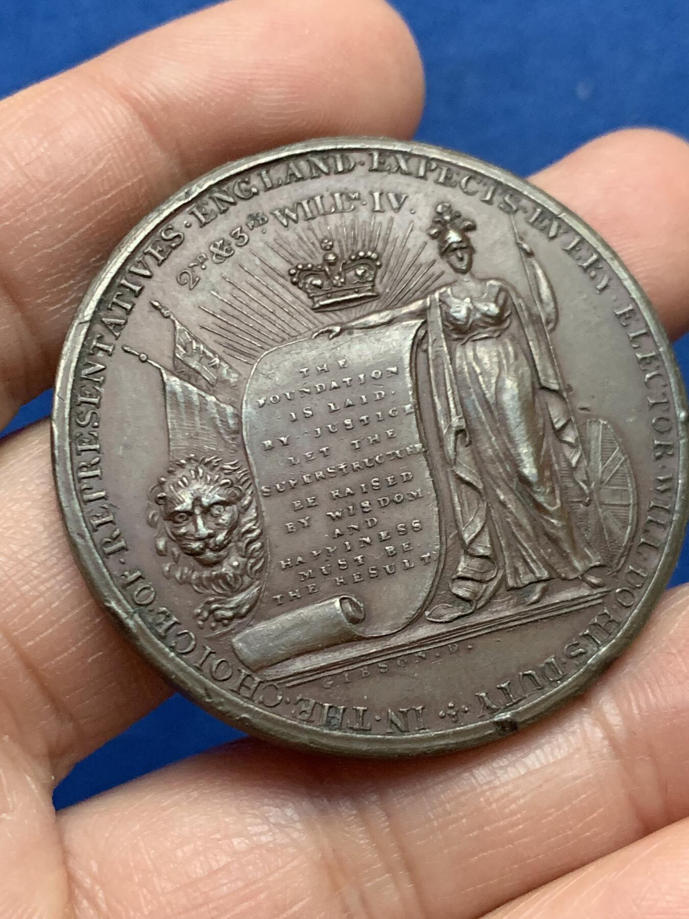 《竞宝斋》第450场 周日，周一，周二  3场连拍 （全场包邮，欢迎送拍） 英国1832年议会改革运动纪念铜章 32.85克 44.2mm 细节见图