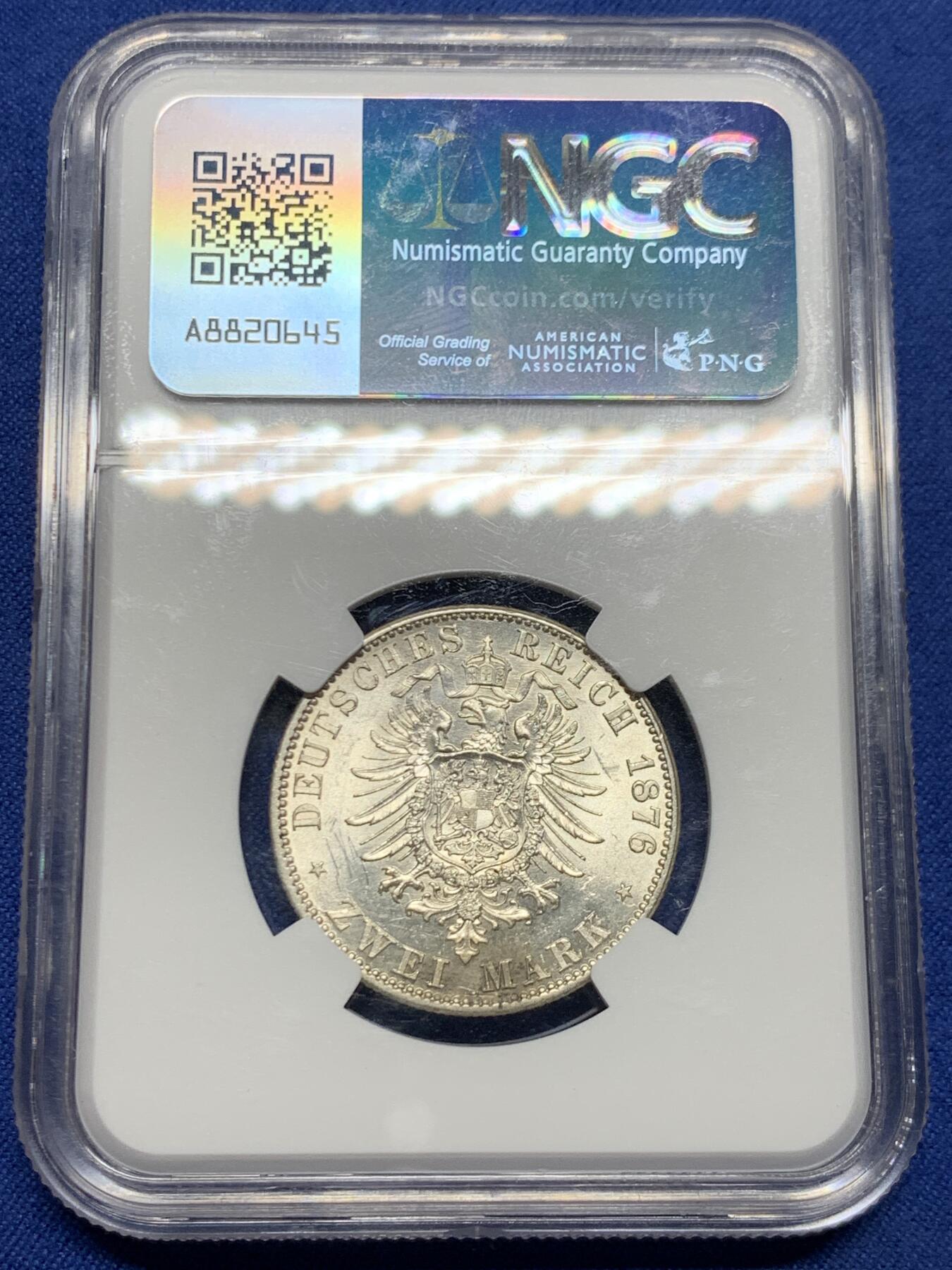 《竞宝斋》第450场 周日，周一，周二  3场连拍 （全场包邮，欢迎送拍） NGC UNCD 德国 1876A 普鲁士 威廉一世皇帝 2马克 银币 德意志第二帝国早期银币，数量稀少，可惜有一处小缺陷
