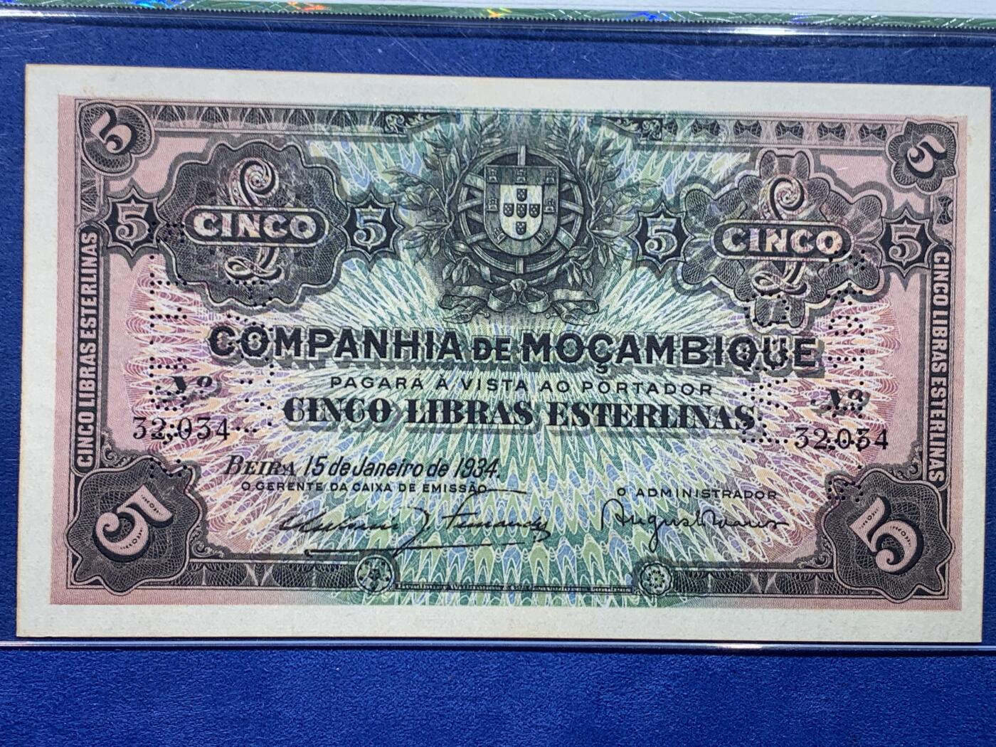 《竞宝斋》第450场 周日，周一，周二  3场连拍 （全场包邮，欢迎送拍） Legacy 64 葡属莫桑比克1934年 5Libras