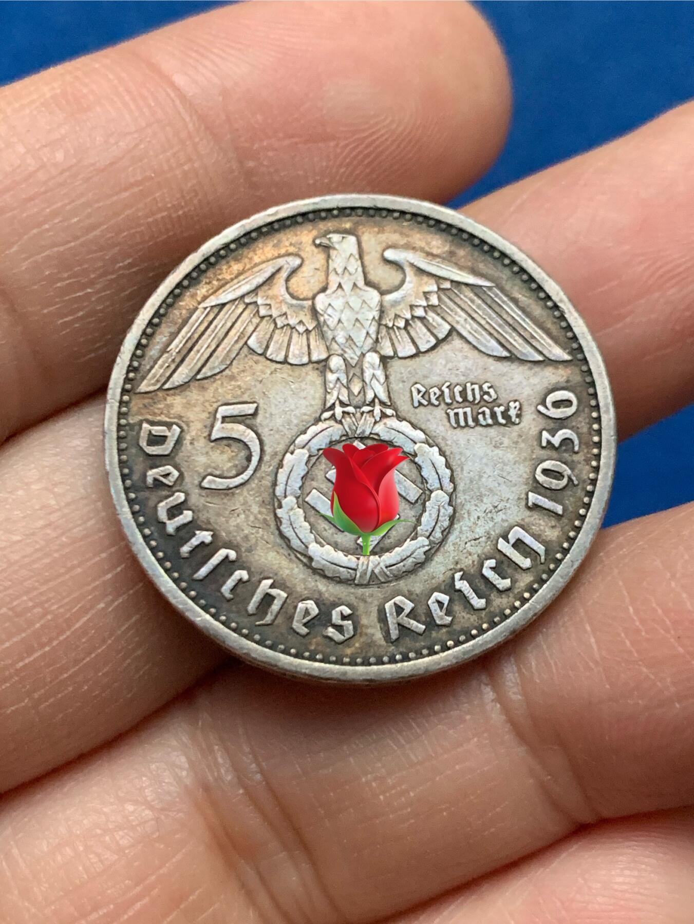 《竞宝斋》第450场 周日，周一，周二  3场连拍 （全场包邮，欢迎送拍） 德国1936年A兴登堡5马克银币 黑灰色包浆