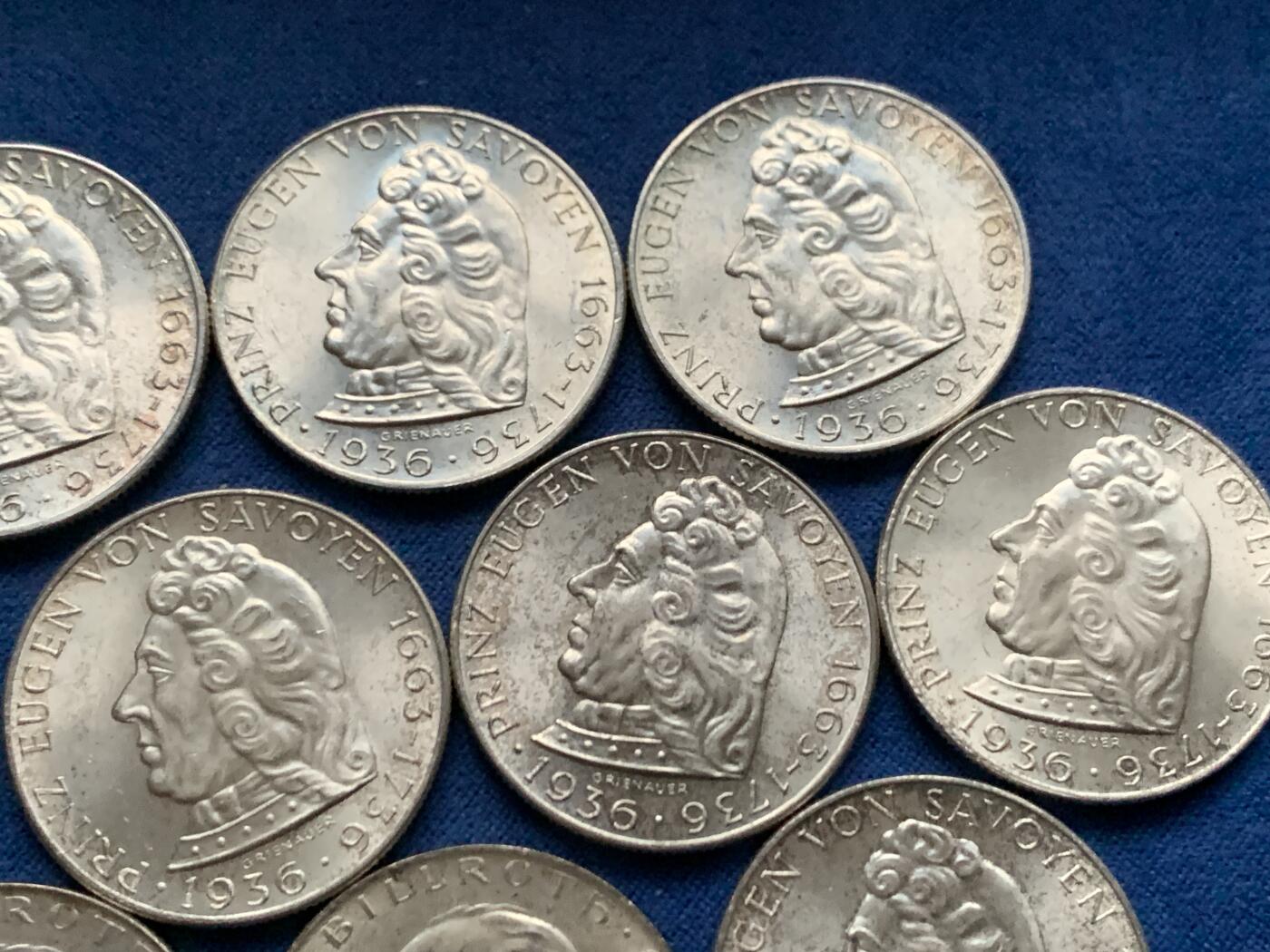 《竞宝斋》第450场 周日，周一，周二  3场连拍 （全场包邮，欢迎送拍） 12枚一组 奥地利萨沃伊王子尤金逝世200周年2先令银币 640银（8枚96克） + 奥地利1929年西奥多·比尔罗斯诞辰100周年2先令银币 640银（3枚36克）+ 英国1937年乔治六世2先令银币 500银（1枚11.3克）