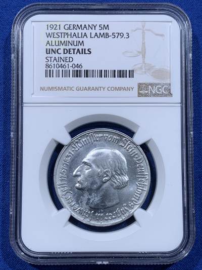 《竞宝斋》第450场 周日，周一，周二  3场连拍 （全场包邮，欢迎送拍） - NGC UNCD 德国紧张时期1921五马克铝币，较少见品种，有一些残留，整体状态极佳