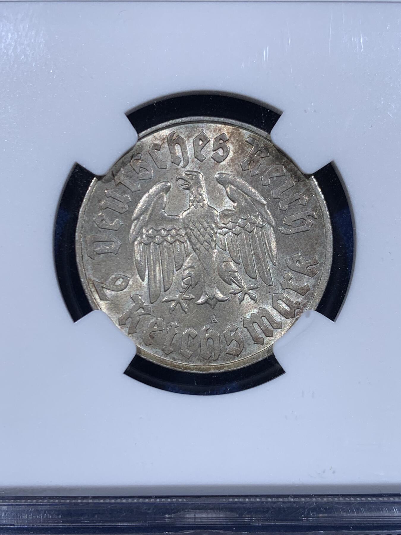 《竞宝斋》第450场 周日，周一，周二  3场连拍 （全场包邮，欢迎送拍） NGC MS63 德国1933年A 马丁.路德 2马克 银币