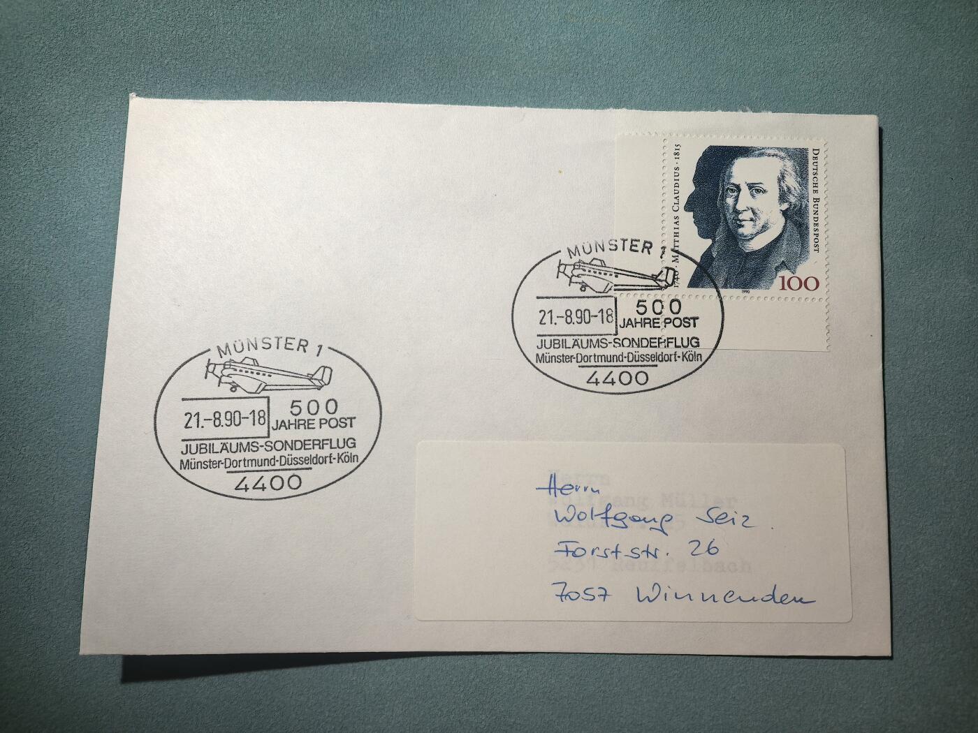 盛世勋华——号角文化勋章邮票专场拍卖第295期 德国（联邦）邮政1990年发行 实寄片 盖邮政500周年纪念邮戳