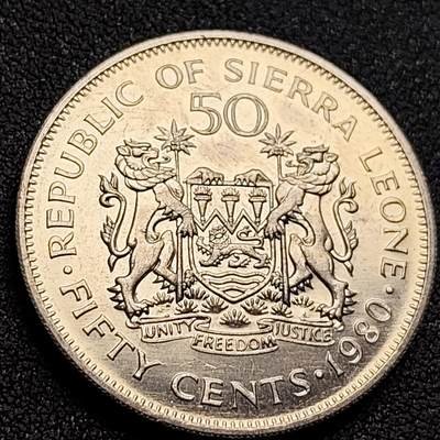 泉币菌-第152场-精品福利场 - 稀少 原光UNC 塞拉利昂11980年50分铜镍硬币 30.0毫米11.6克