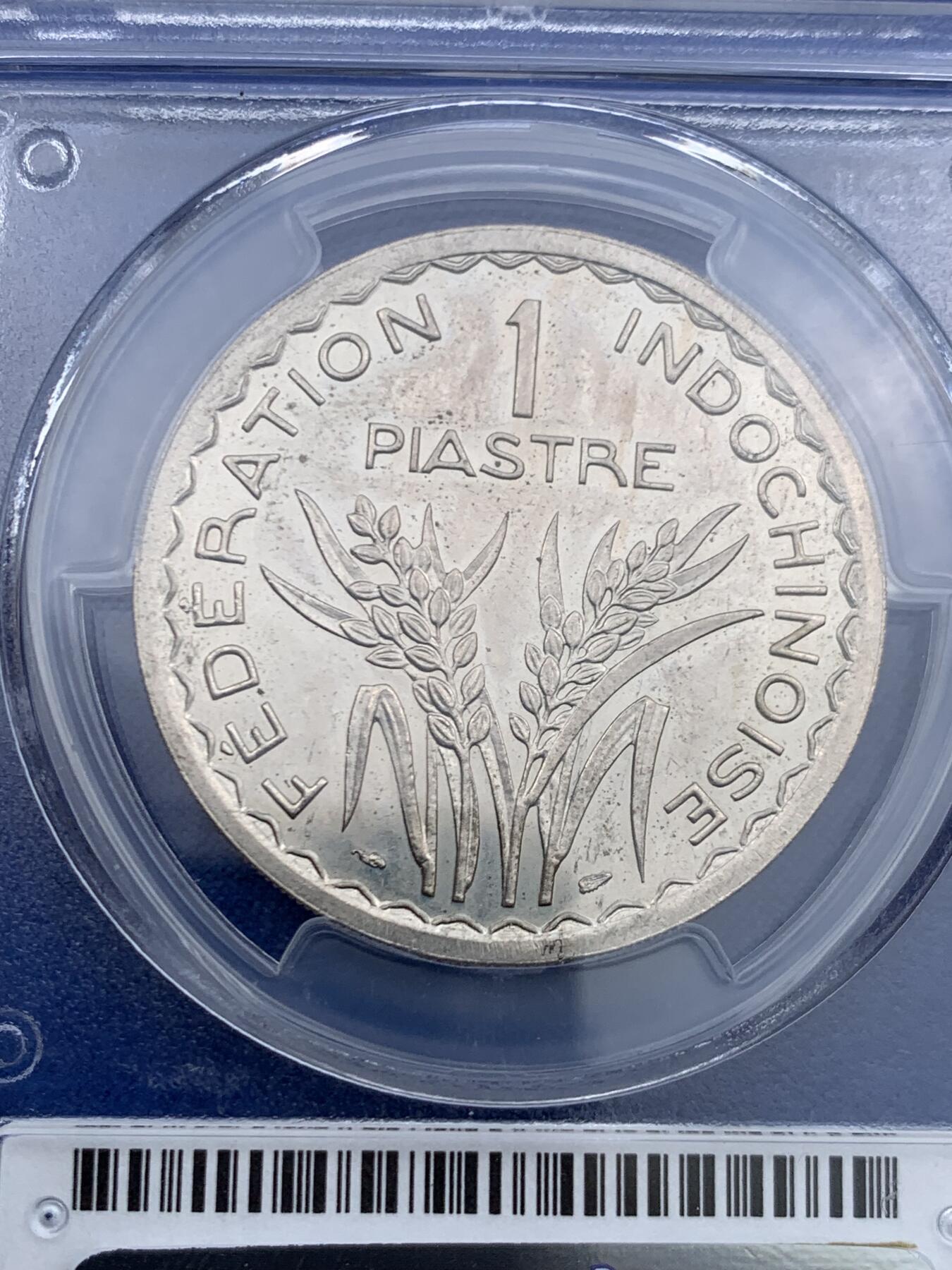 《竞宝斋》第450场 周日，周一，周二  3场连拍 （全场包邮，欢迎送拍） PCGS SP62 法属印支1946年ESSAI坐洋1皮阿斯特样币