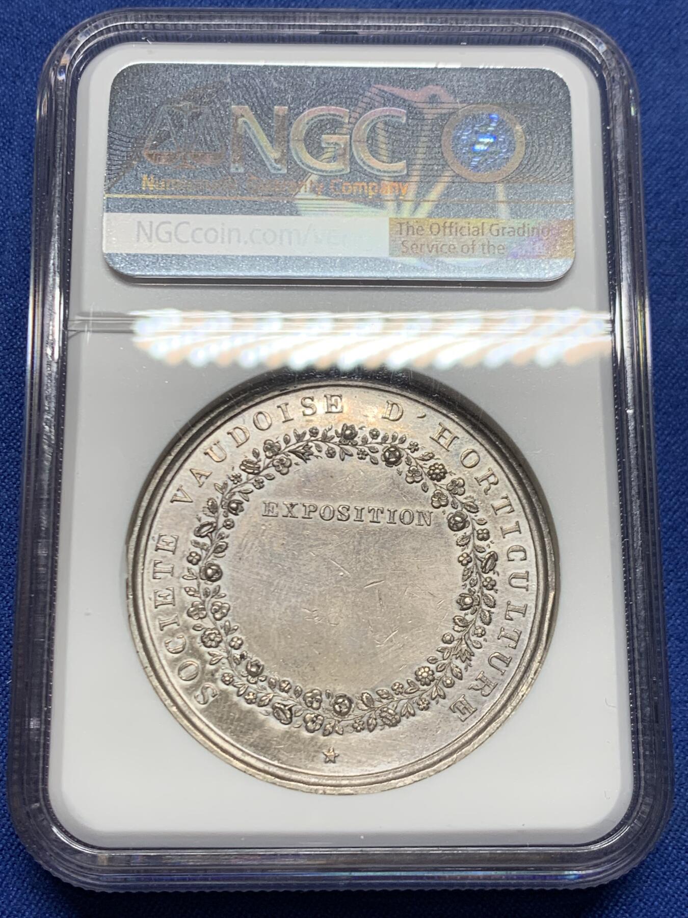 《竞宝斋》第450场 周日，周一，周二  3场连拍 （全场包邮，欢迎送拍） NGC UNC  瑞士 沃州园艺博览会 银质纪念章 精美细节 加厚盒装