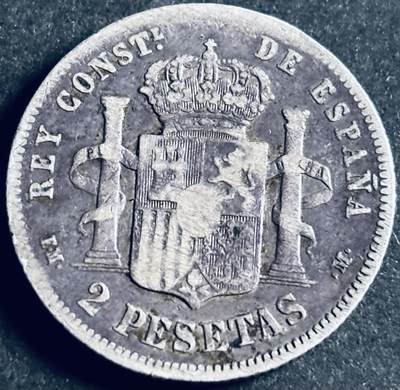 文馨钱币收藏第 286 场，圣诞节专场【 长期接收代拍品低至 0 佣金】 - 少见 1879 年西班牙阿方索十二世 2 比塞塔银币，第一版首发年 835 高银，全新重 10 克，有流通历史，应该没有 10 克了，味道不错