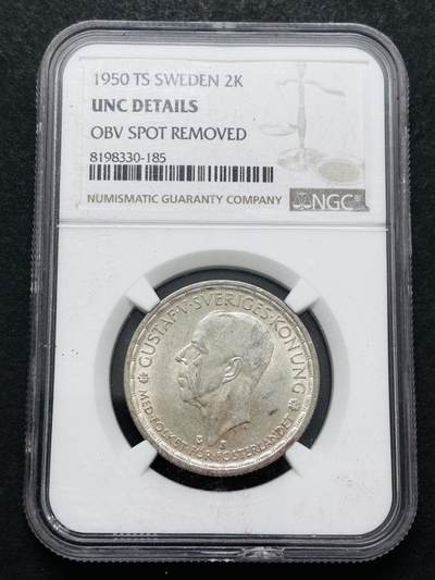 文馨钱币收藏第 286 场，圣诞节专场【 长期接收代拍品低至 0 佣金】 - 1950 年瑞典古斯塔夫五世 2 克朗银币，NGC 评级 UNC D，关门版比较少见，底板丝滑，细节见图