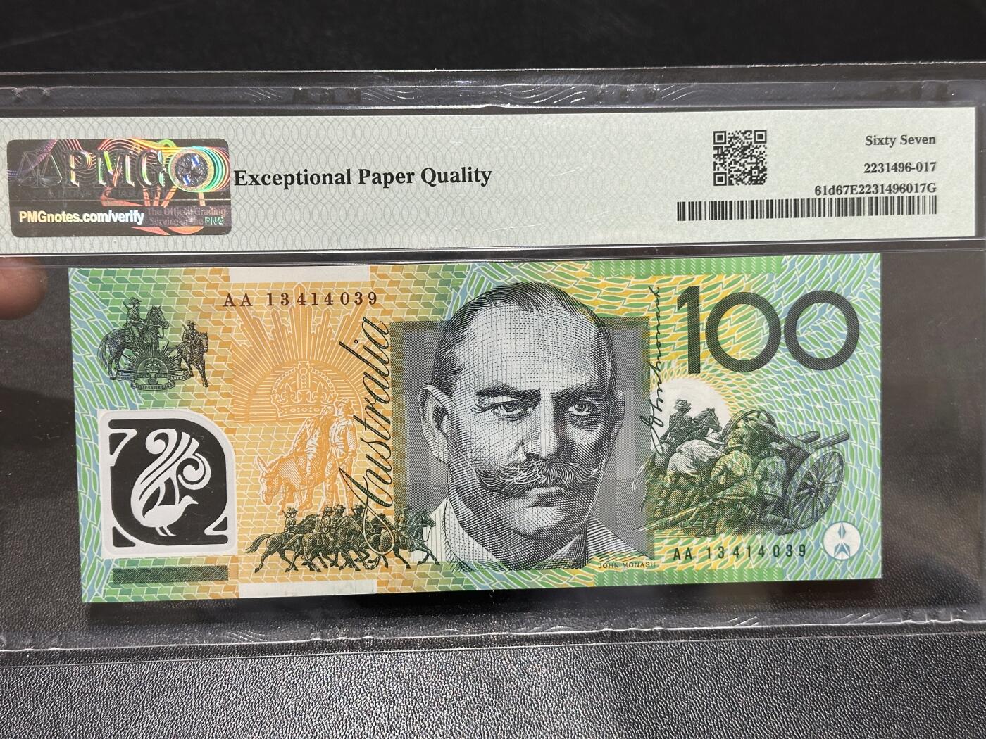 《外钞收藏家》第五百九十六期（精品大拍场）（本平台长期征集拍品、欢迎藏友们联系合作） 2013年澳大利亚100元 PMG67 AA冠