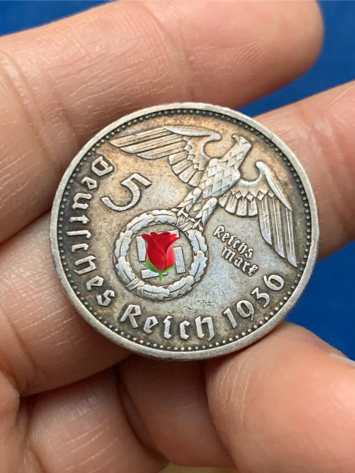 《竞宝斋》第450场 周日，周一，周二  3场连拍 （全场包邮，欢迎送拍） 德国1936年A兴登堡5马克银币 黑灰色包浆