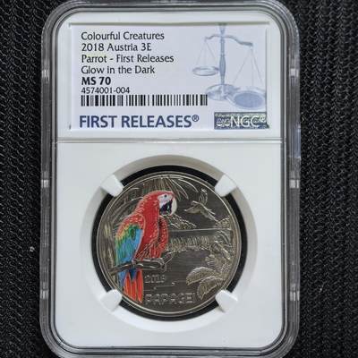 道一币馆币章第一百六十场 - NGC 满分MS70 奥地利2018年多彩生物系列鹦鹉夜光彩色铜镍3欧元纪念币